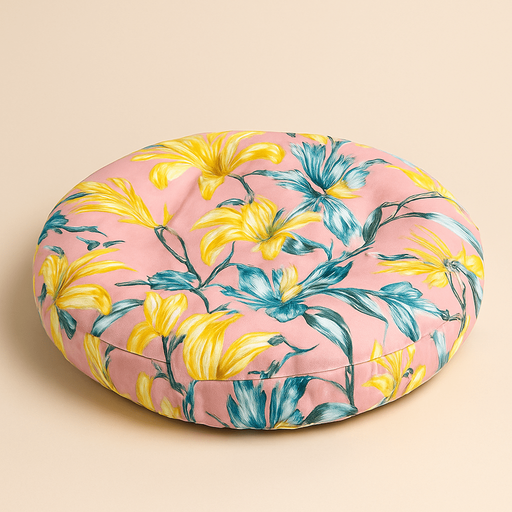 Coussin de sol rond fleuri bleu | Dreamy Sloth® Rose / 55x55 cm