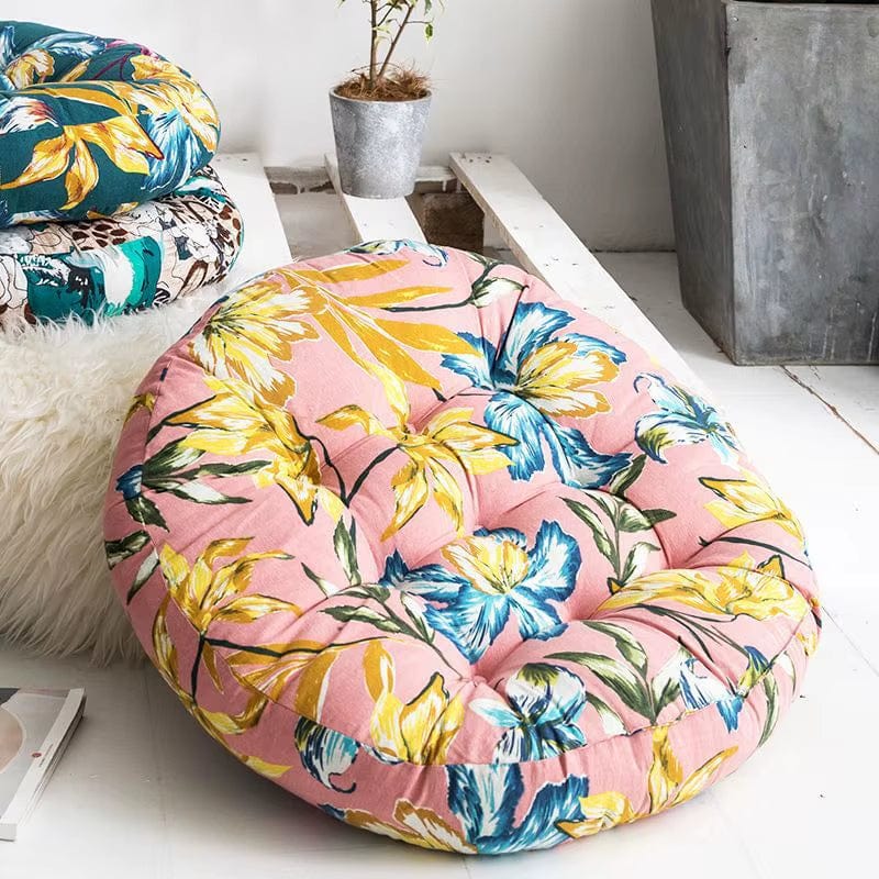Coussin de sol rond fleuri bleu | Dreamy Sloth® Rose / 55x55 cm