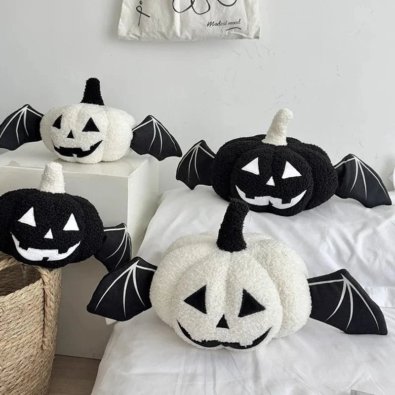 OK / Evil Cute Pumpkin With Bat Wings Black White Cushion Soft Seat Cushion Mat Office Mat Halloween Gift for Sofa Chair Decoration